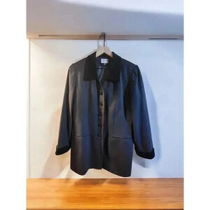 Kasper A.S.L. Wool Cotton Jacket Blazer Size 12 Black Velvet Accent Workwear